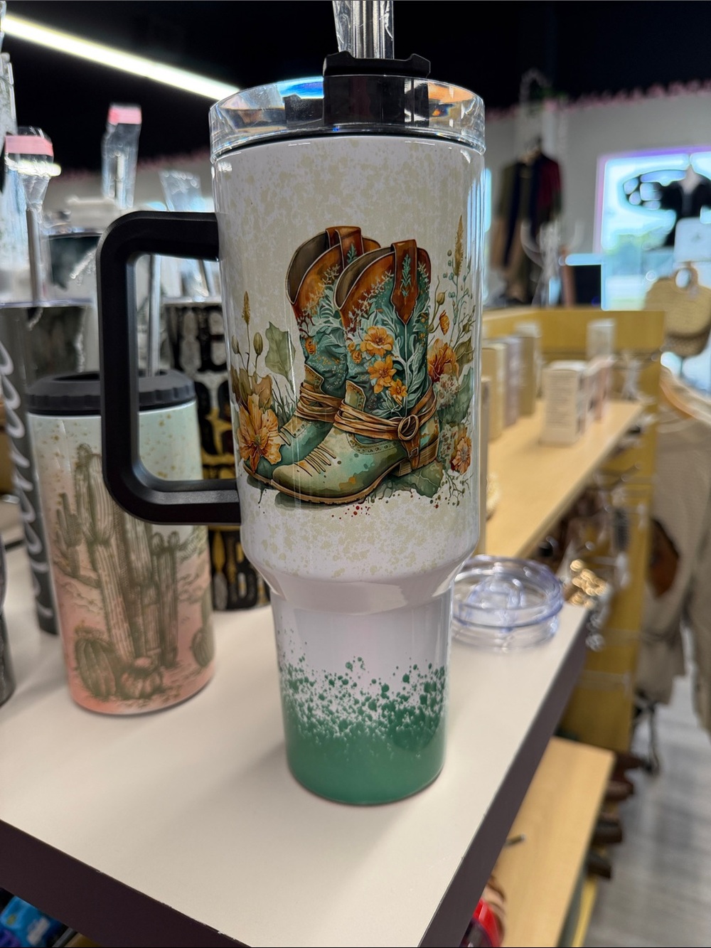 Insulated Travel Tumbler with Floral Cowboy Boot Design - White & Teal